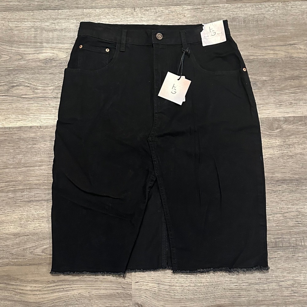 NWT HG Denim Midi Skirt Black Front Slit Raw Hem Size 7/27 Edgy Grunge